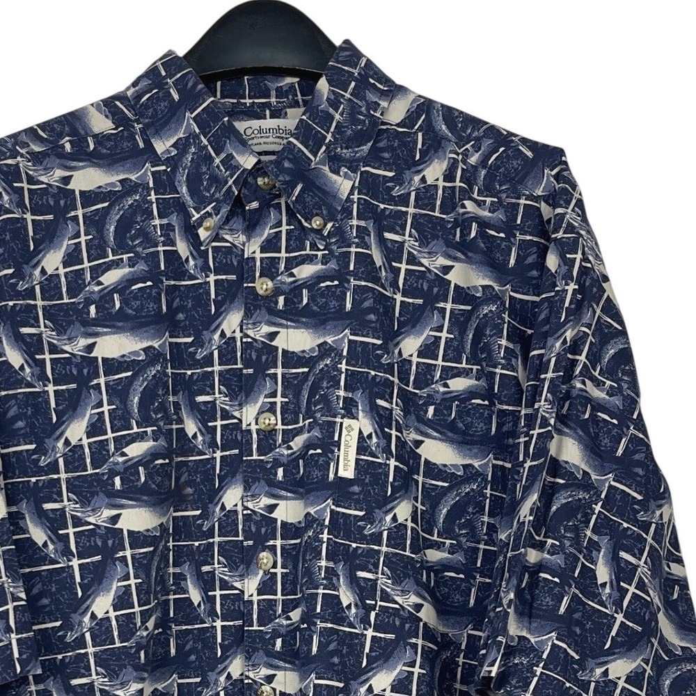 VTG‎ Columbia Mens XL Cotton Blue AOP Fish All Over Print Button Down AM7661